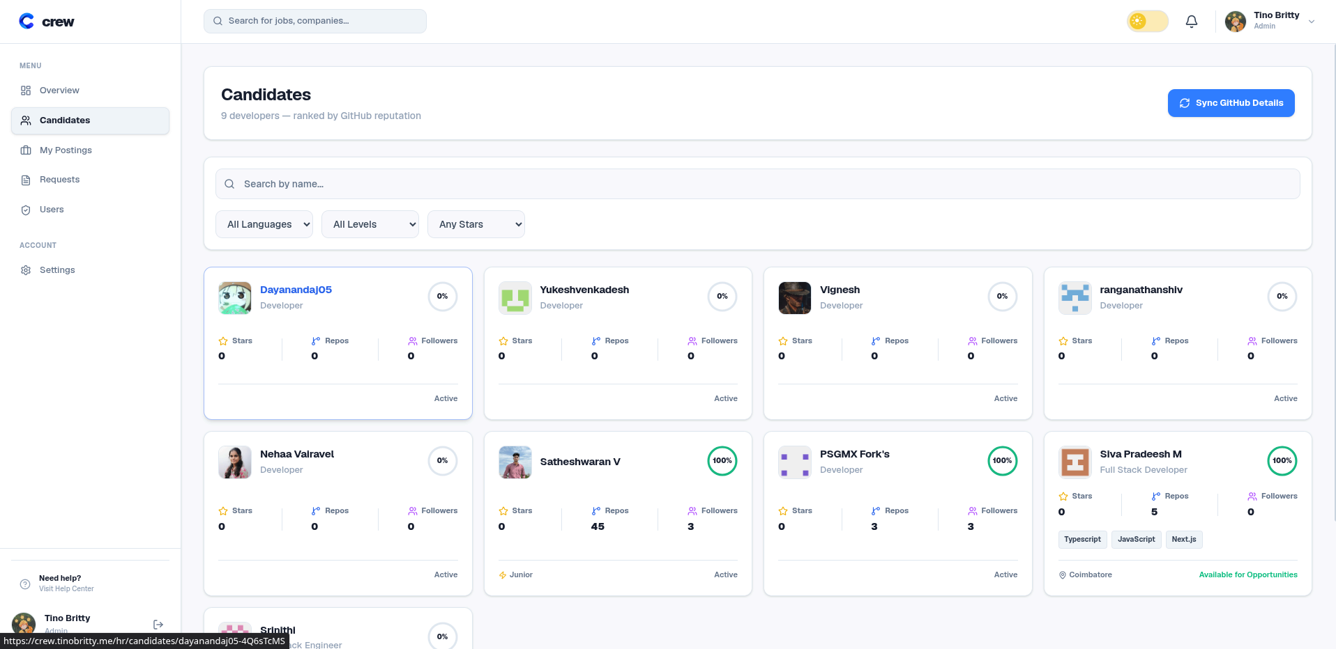 Developer profile and signal view